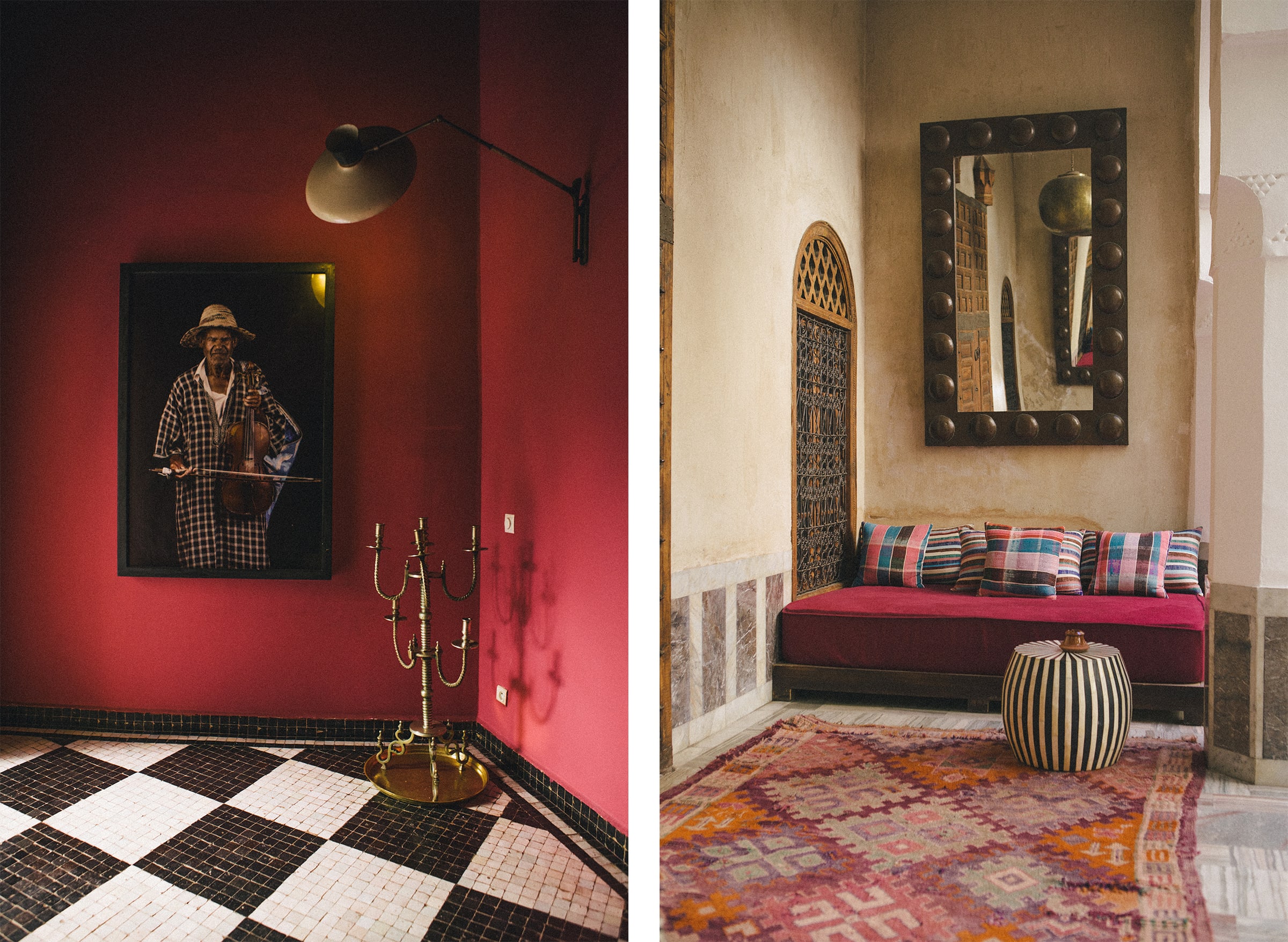 Views of Riad El-Fenn, founded by Vanessa Branson. On the left, a work by French-Morrocan photographer Leila Alaoui. Photograph by Yasmine Hatimi for Art Basel.