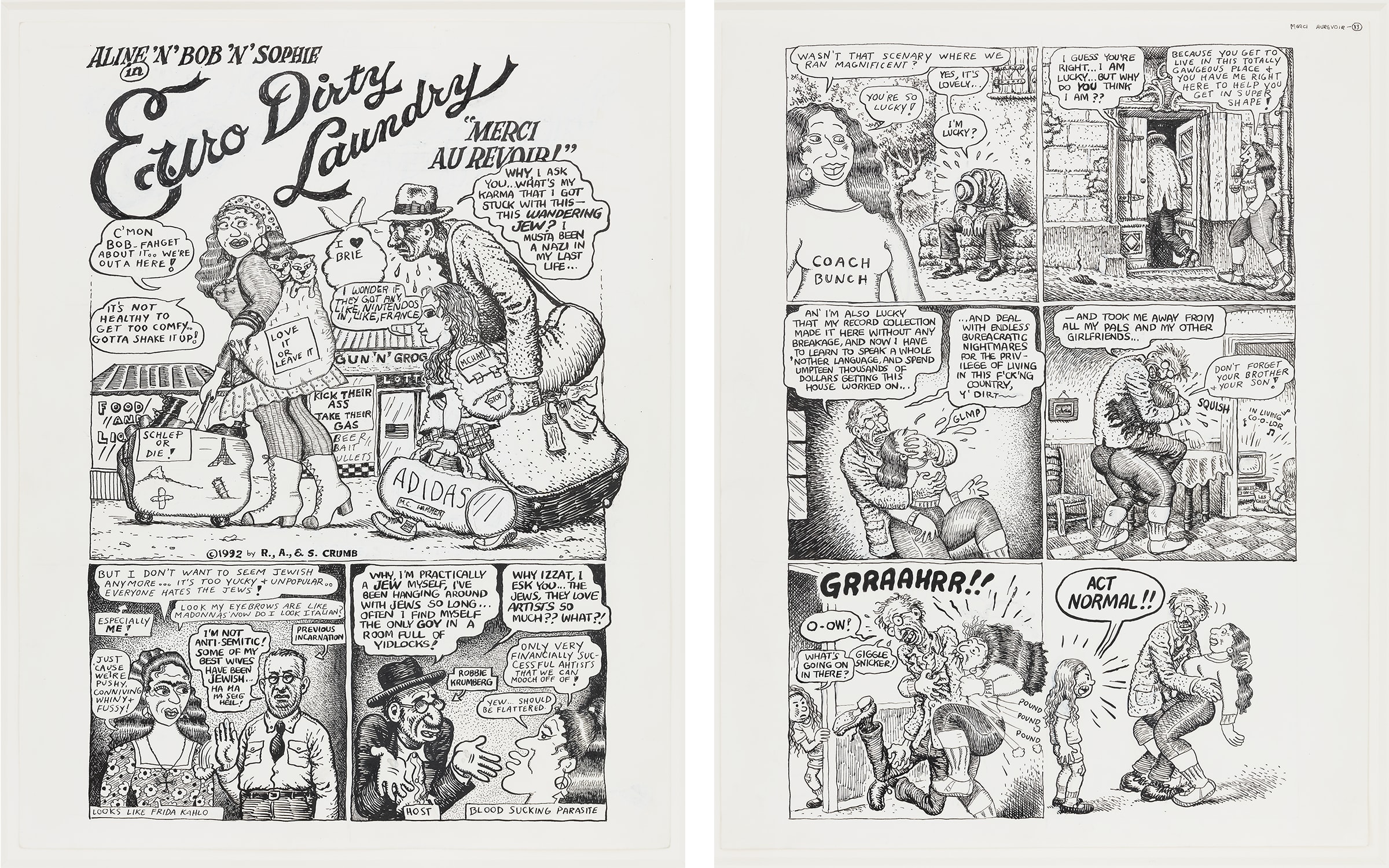 Aline Kominsky-Crumb, R. Crumb, and Sophie Crumb. Aline ’n' Bob ’n’ Sophie in Euro-Dirty Laundry: “Merci au Revoir”, 1992. © Aline Kominsky-Crumb, Robert Crumb, and Sophie Crumb, 1992. Courtesy the artists, Paul Morris, and David Zwirner.