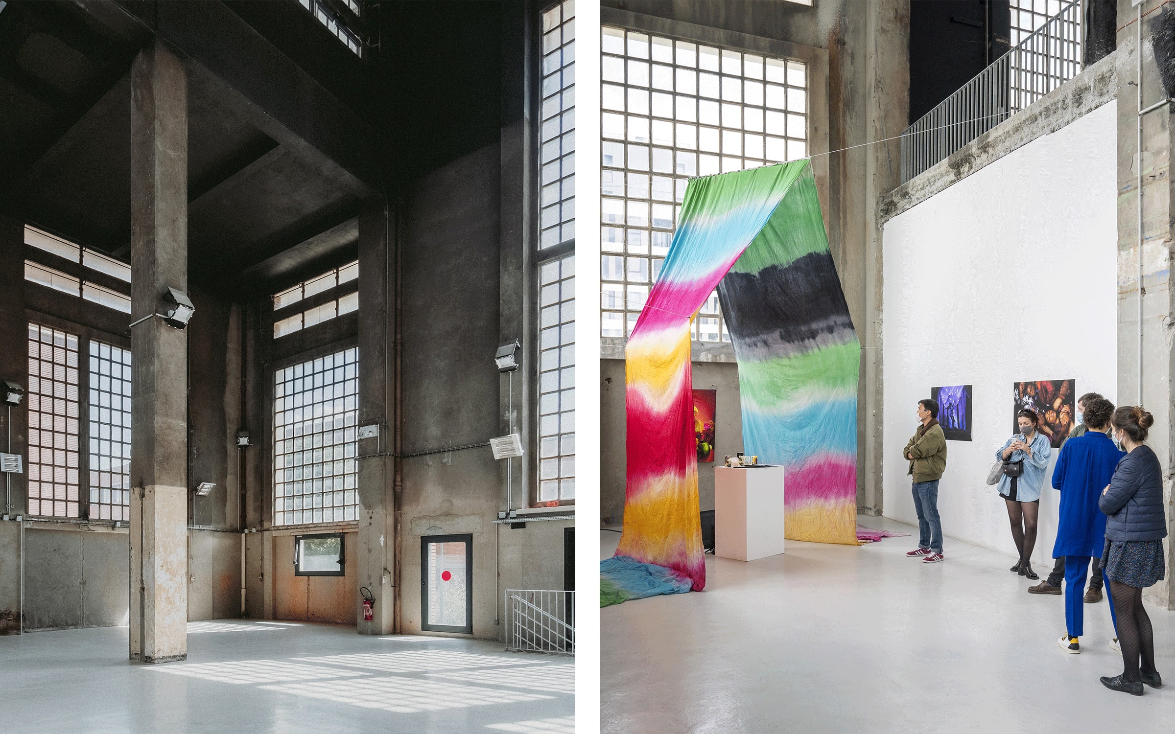 Left: La Chaufferie, Fondation Fiminco © Manu Abella. Right: Installation view of the exhibition ‘Freedom of Sleep’, Fondation Fiminco, Romainville, 2021. Photograph by Martin Argyroglo. Courtesy of the artists and Fondation Fiminco.